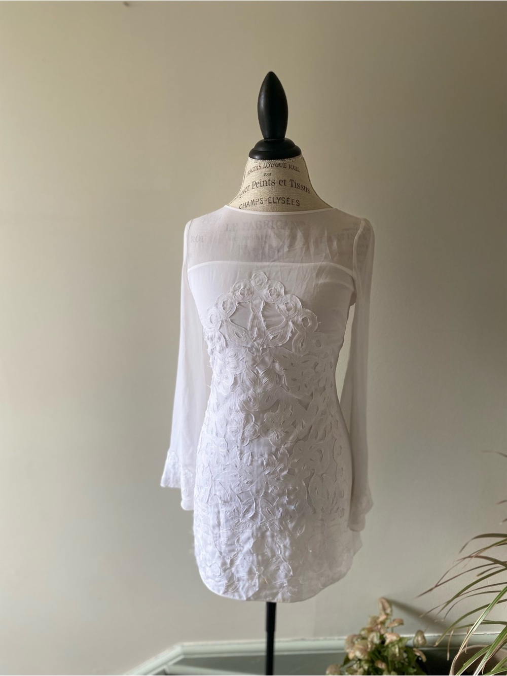 Marciano White Sheer Long-Sleeve Embroidered Dress